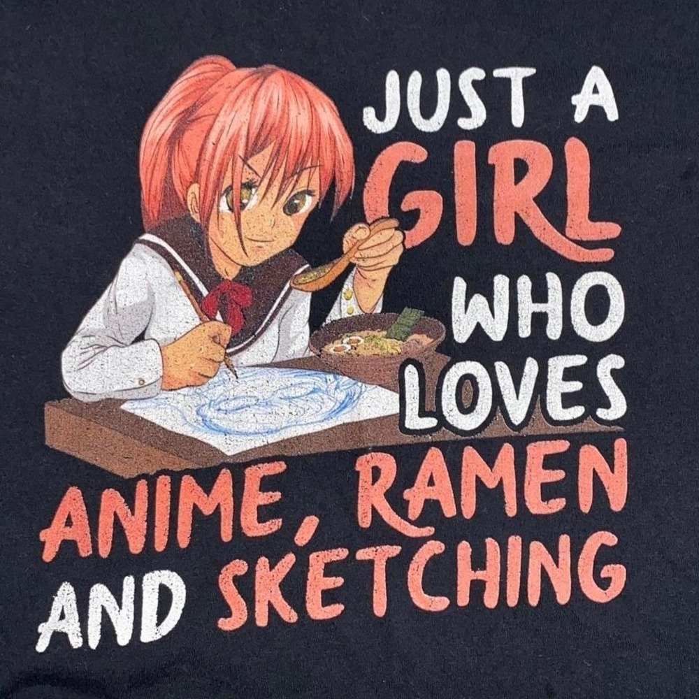 Port & Company Just A Girl Who Loves Anime Ramen Sketching Black Crop Top Small - Picture 2 of 3